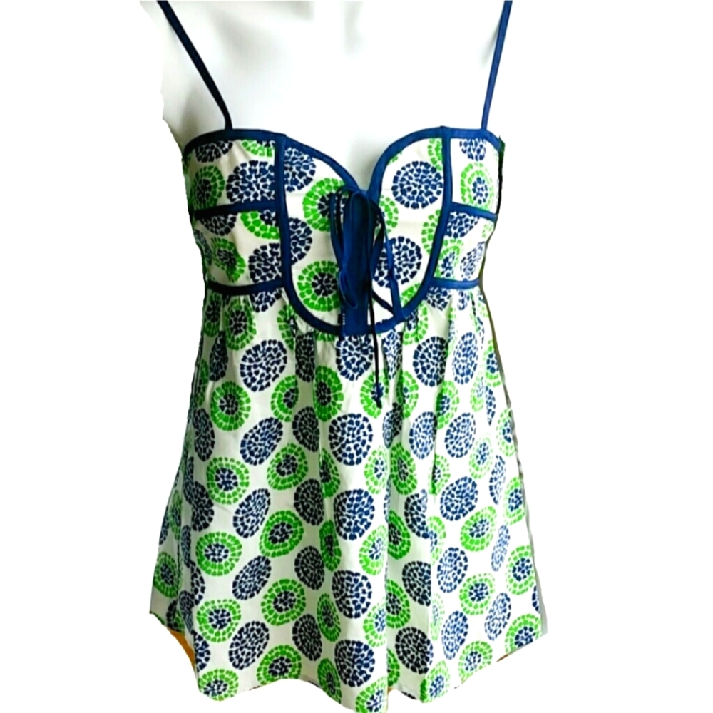 Anthropologie Yumi Kim Floral Green White Blue Silk Baby Doll Ruched Size Small